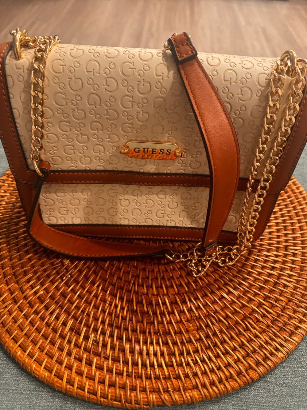 GUESS Cream and Brown Logo Crossbody with Gold Chain Detail
